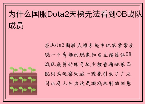 为什么国服Dota2天梯无法看到OB战队成员